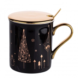 Mug 240 ml NBC with lid and spoon black dec. Gold tree gift box