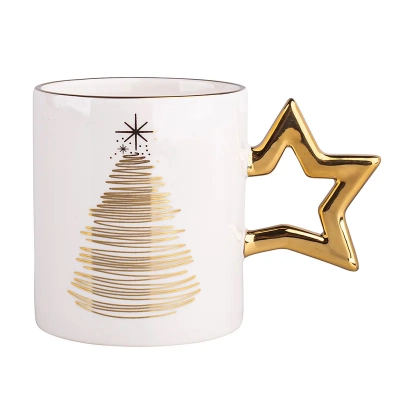 
                                                Golden Christmas straight mug NBC 350 ml with gold handle in star shape white gift box with PVC lid
                                                