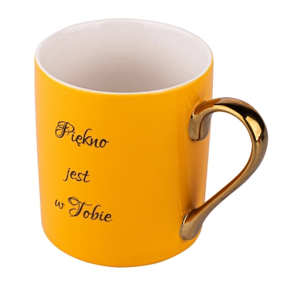 
                                            Straight mug with a quote and handle in gold color NBC 300 ml yellow dec. A
                                            