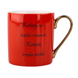 Straight mug with a quote and handle in gold color NBC 300 ml orange dec. B