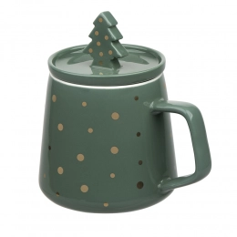 Christmas tree mug NBC 370 ml with lid green, with golden dots, color box