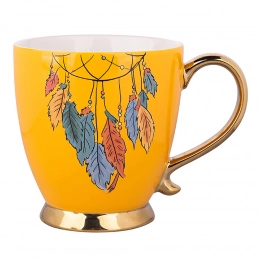 Exotic jumbo cup on foot with gold handle NBC 400 ml dec. Feathers yellow