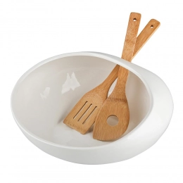Regular porcelain salad bowl 30,5x30,5x14,5 cm with bamboo spoons