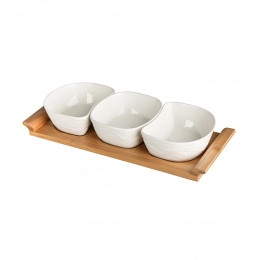 Regular set of 3 porcelain bowls on a bamboo base NBC