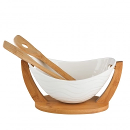 Oval salad bowl 32 x 15 x 16 CM with bamboo tray and cutlery NBC