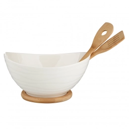 Oval salad bowl 29 x 24 x 15 CM  with bamboo tray and cutlery NBC