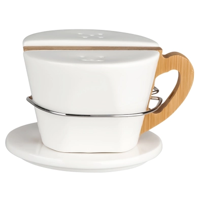 
                                            Regular porcelain salt and pepper shakers with bamboo handle
                                            