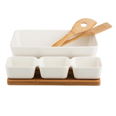 
                                            Regular salad bowl and 3 porcelain bowls on a bamboo base
                                            