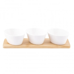 Regular set of 3 oval dips made of cream porcelain 150 ml on a bamboo base 28x8.5x1cm