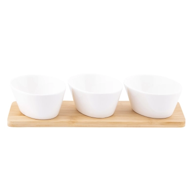 
                                            Regular set of 3 oval dips made of cream porcelain 150 ml on a bamboo base 28x8.5x1cm
                                            