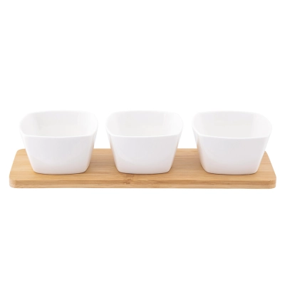 
                                            Regular set of 3 square dips made of cream porcelain 150 ml on a bamboo base 28x8.5x1cm
                                            