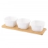 Regular set of 3 square dips made of cream porcelain 150 ml on a bamboo base 28x8.5x1cm Regular set of 3 square dips made of cream porcelain 150 ml on a bamboo base 28x8.5x1cm