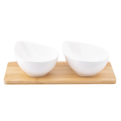 
                                                Regular set of 2 teardrop dips made of cream porcelain 300 ml on a bamboo base 28x12x1 cm
                                                