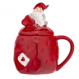 Dolomite mug Santa with lid 13.5x10x15.5cm, red