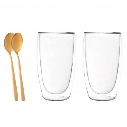 Set of 2pcs high borosilicate glass 380ml + 2 golden spoons