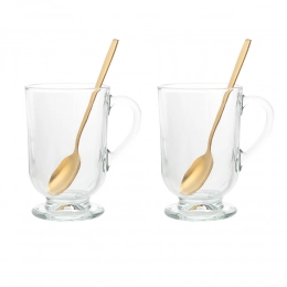 Werona set of 2 glass mug 310ml with gold spoons