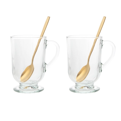
                                            Werona set of 2 glass mug 310ml with gold spoons
                                            