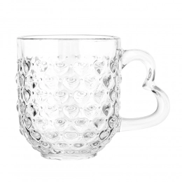 Glass mug with heart shape ear and heart decoration 310 ml