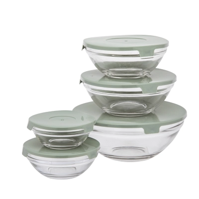 
                                            Glass bowl set of 5 pcs with GREEN covers
                                            