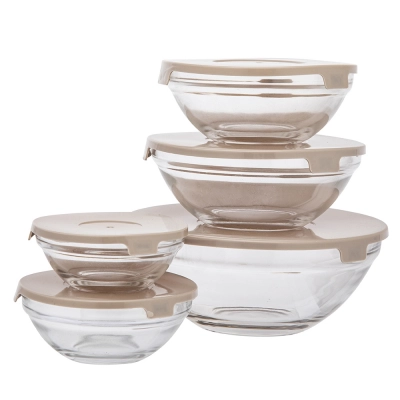 
                                            Glass bowl set of 5 pcs with BEIGE covers
                                            
