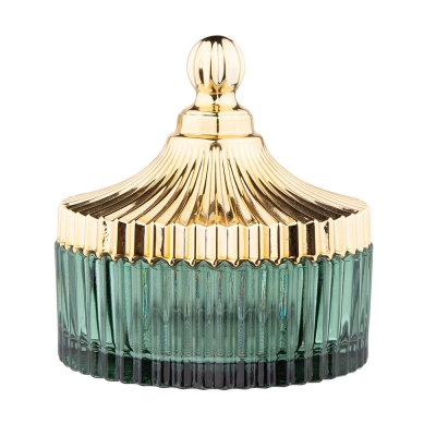 
                                            Glass container with gold-colored lid 16x14,5 cm green
                                            
