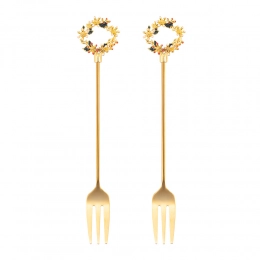 Set of 2 cake forks with decorative end, dec. Christmas Wreath, in a shade of gold