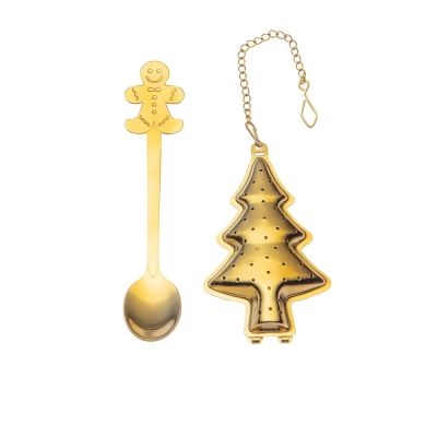 
                                                Tea set - golden infuser and golden teaspoon. dec. with a Christmas tree/Gingerbread Man
                                                