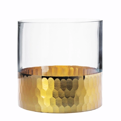 
                                            Golden Honey glass vase with gold honeycomb decoration, cylinder shape, h-12cm
                                            