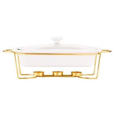 
                                            Regular rectangular serving dish 1,7 L on golden warming stand
                                            
