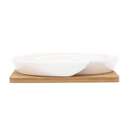 Regular divided dish made of cream porcelain 20.5x20.5x2.5 cm on a bamboo base 19.5x19.5x1 cm