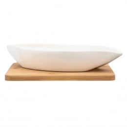Regular divided dish made of cream porcelain 26x14x4 cm on a bamboo base 19.5x19.5x1 cm