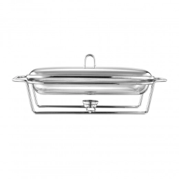 Meteor rectangular heat-resistant dish 3 L with stainless steel lid on a warmer