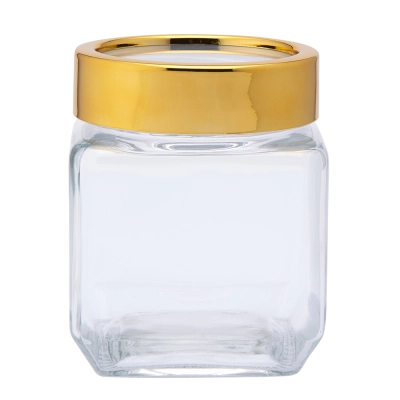 
                                            Squared glass container with a gold lid, 500ml
                                            