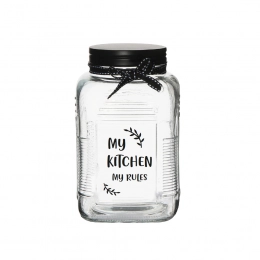 Glass jar w/black lid,w/black ribbon decoration & w/decal on glass body 700ml
