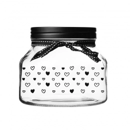 Glass jar w/black lid,w/black ribbon decoration & w/decal on glass body 1500ml