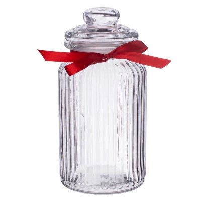 
                                                Storage glass jar 1,25 L with red bow and relief
                                                