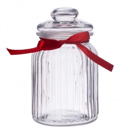 Storage glass jar 0,9 L with red bow and relief