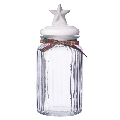 
                                            Glass jar w/white ceramic five-star lid,with ribbon decoration, 11cmd.x26cmh,1250ml
                                            