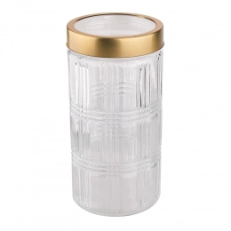 Glass storage jar with golden color tin lid 1,7L dec. check