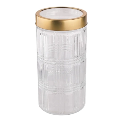 
                                                Glass storage jar with golden color tin lid 1,7L dec. check
                                                