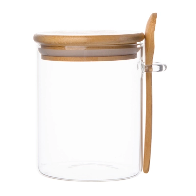 
                                            Round borosilicate glass jar 490 ml with bamboo cover and spoon
                                            