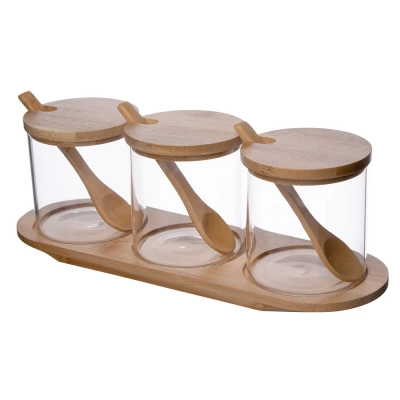 
                                                Set of 3 pcs borosilicate glass jar 330ml with a base, covers and spoons
                                                