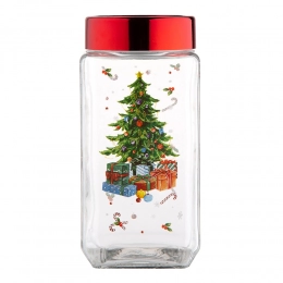 Glass jar w/red lid,w/design 1000ml