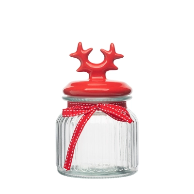 
                                                Glass storage jar with relief, ceramic lid in the shape of horns, 650 ml, red
                                                