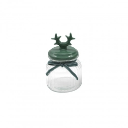 Glass storage jar with relief, ceramic lid in the shape of horns, 650 ml, green