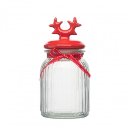 Glass storage jar with relief, ceramic lid in the shape of horns, 900 ml, red