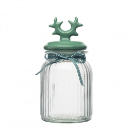 Glass storage jar with relief, ceramic lid in the shape of horns, 900 ml, green