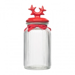 Glass storage jar with relief, ceramic lid in the shape of horns, 1250 ml, red