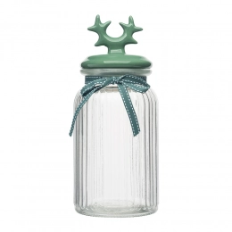 Glass storage jar with relief, ceramic lid in the shape of horns, 1250 ml, green