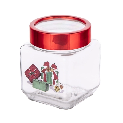 
                                                Classical Christmas jar with presents dec. and red lid, 500ml
                                                